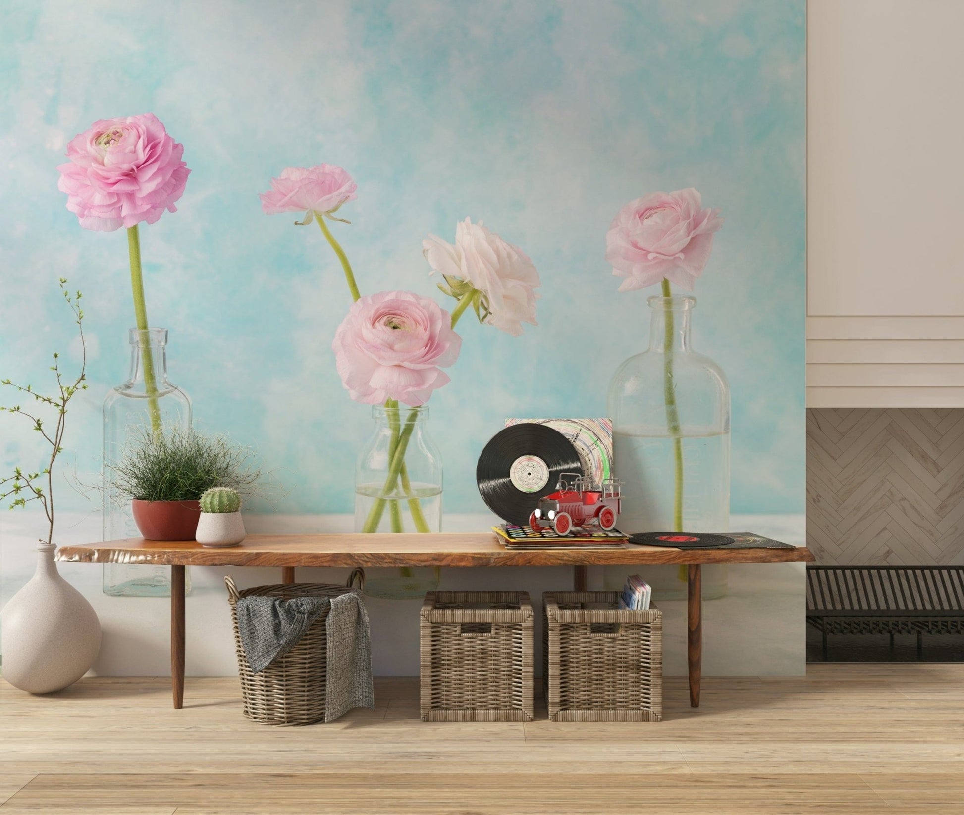Study room wall mural featuring botanical ranunculus and glass elements.