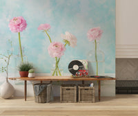 Study room wall mural featuring botanical ranunculus and glass elements.