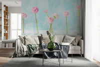 Modern feature wall wallpaper with artistic pastel ranunculus prints.