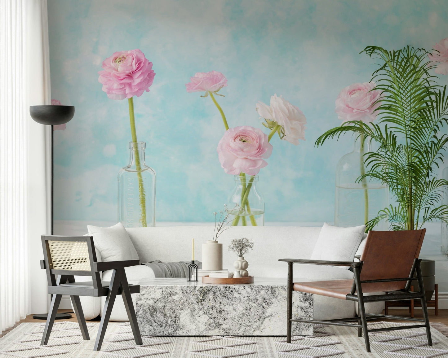 Pastel Ranunculus Glass Decor Wall Mural for a serene guest room wallpaper.