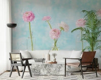 Pastel Ranunculus Glass Decor Wall Mural for a serene guest room wallpaper.