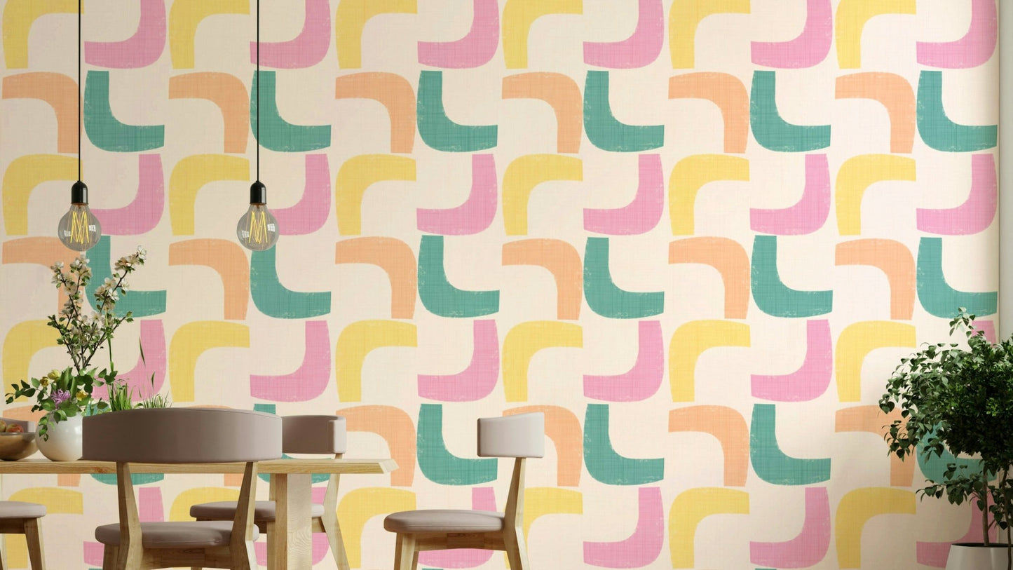 Pastel boomerang wall design in retro mid-century style


