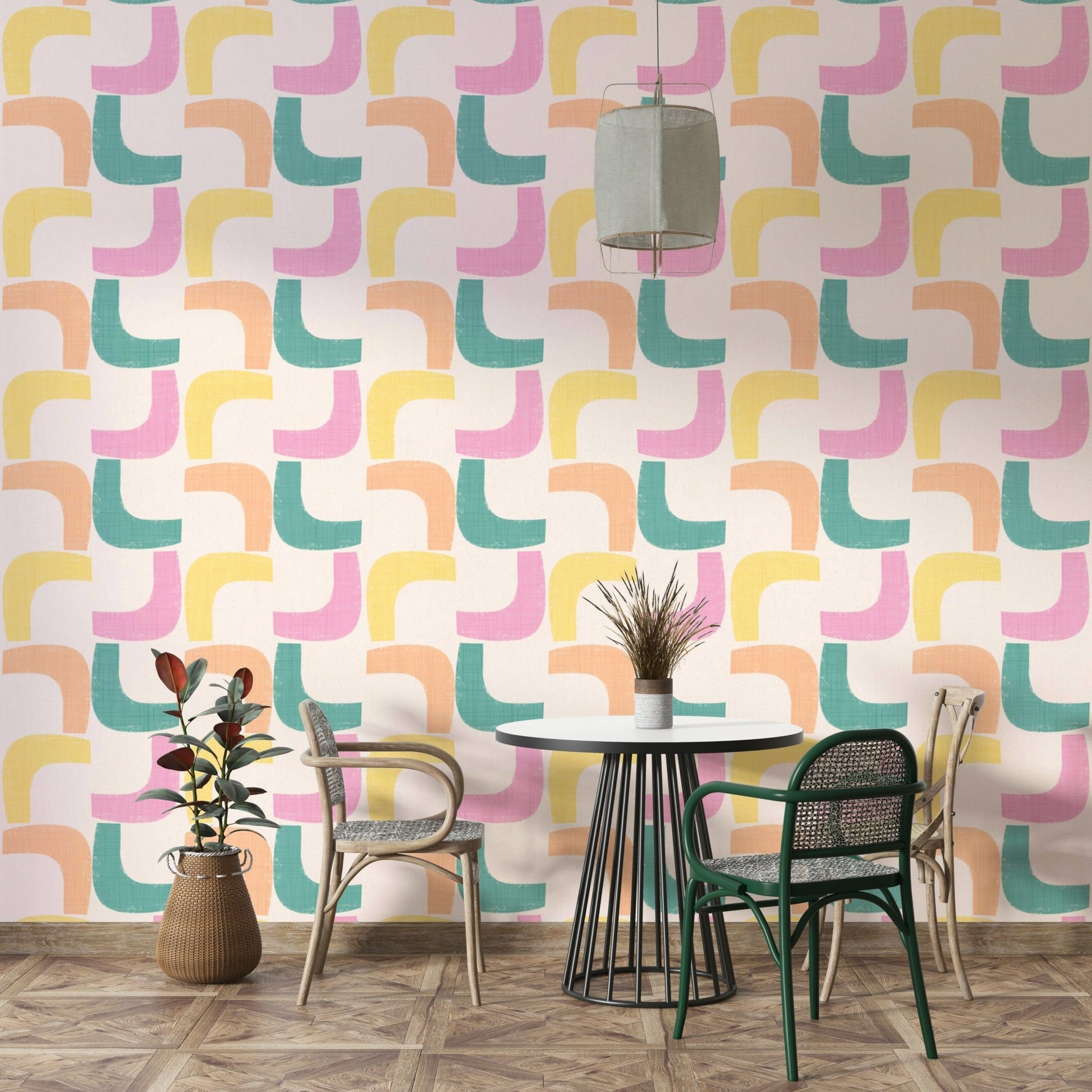 Mid-century modern wallpaper featuring pastel boomerangs


