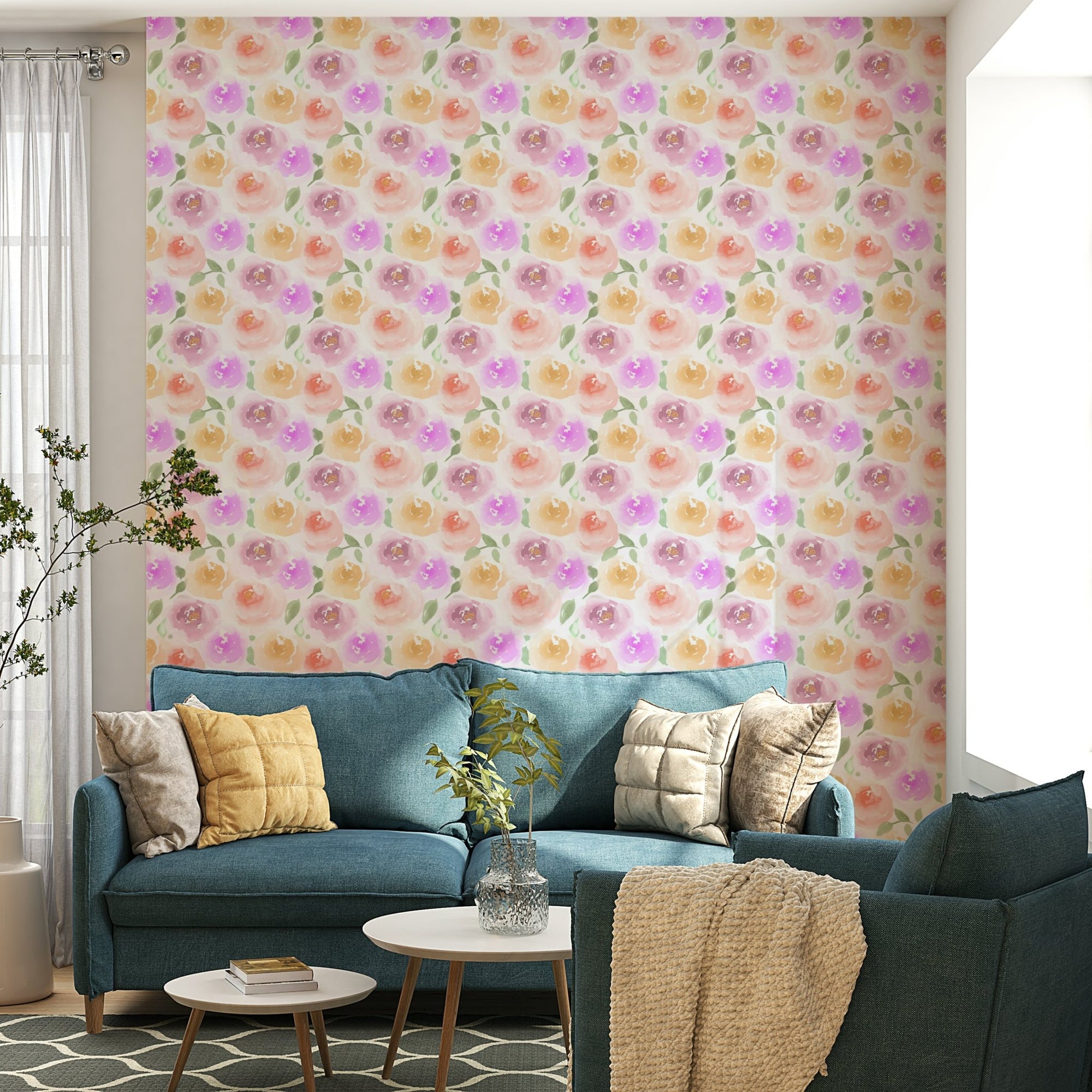 Pastel Rose Garden wallpaper featuring watercolor blooms in pink, peach, and lilac GD4920

