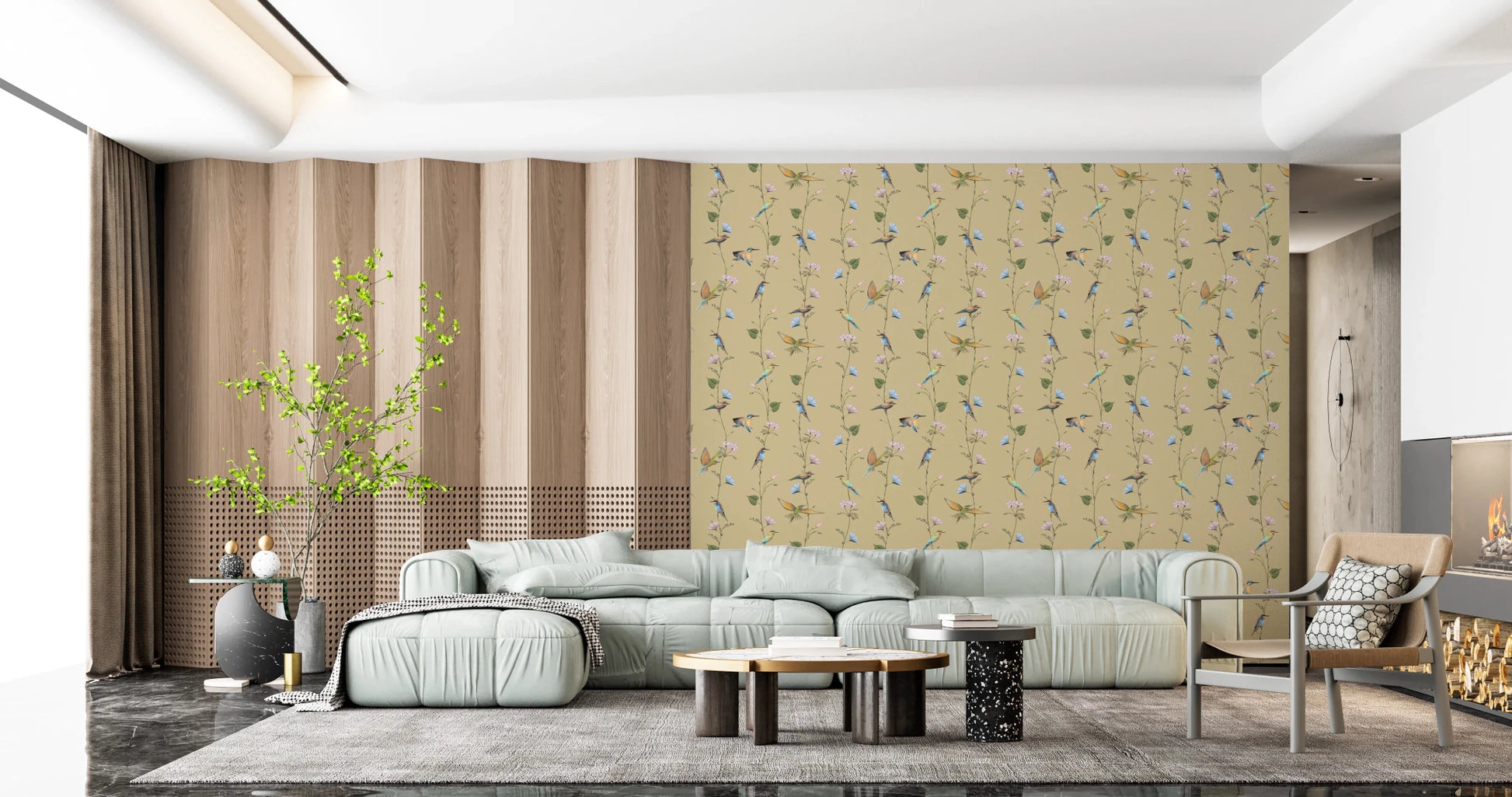 lounge area motif from Pastel Songbirds on Beige Wallpaper pattern