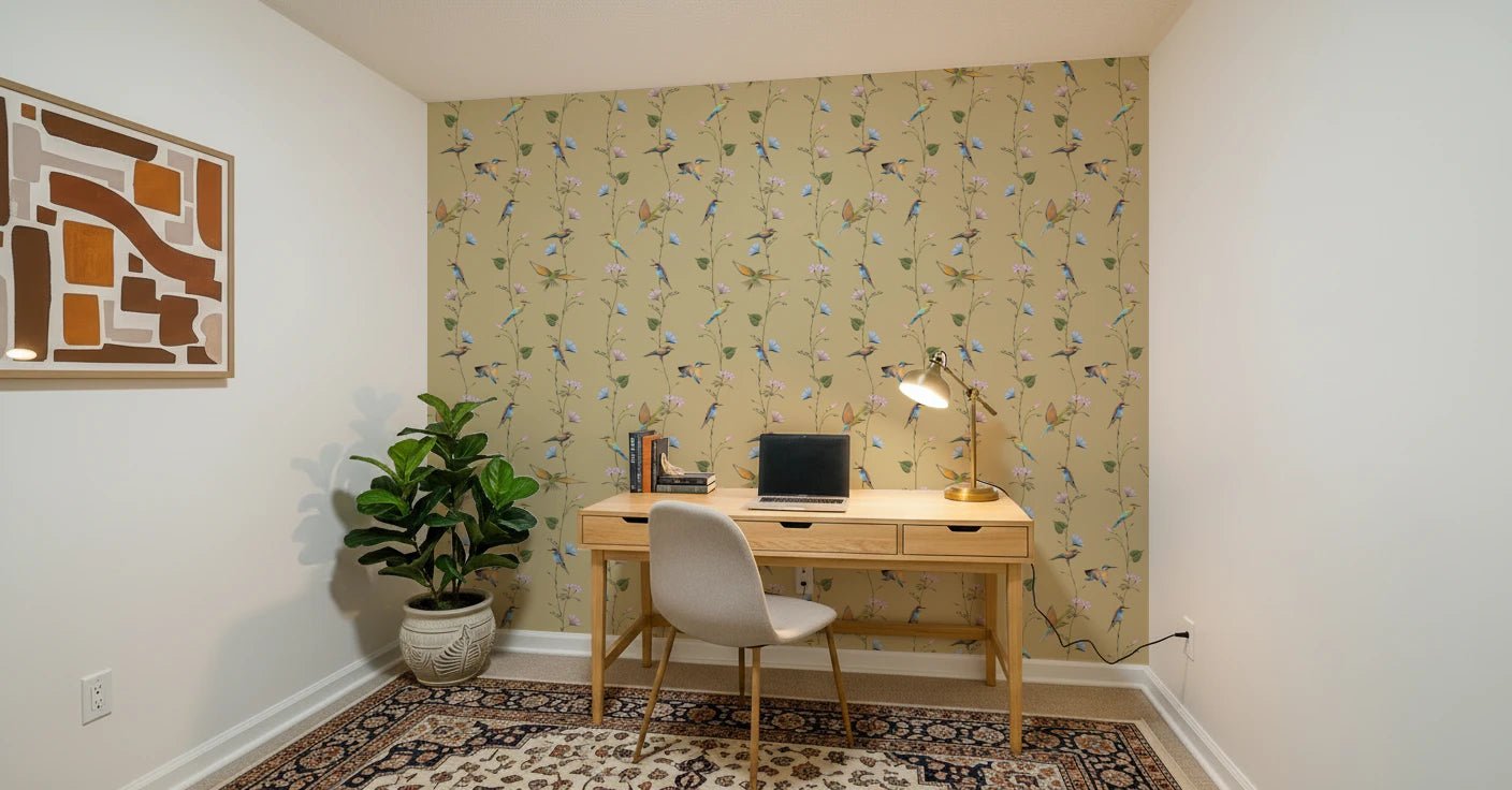 Calm study nook finished with Pastel Songbirds on Beige Wallpaper
