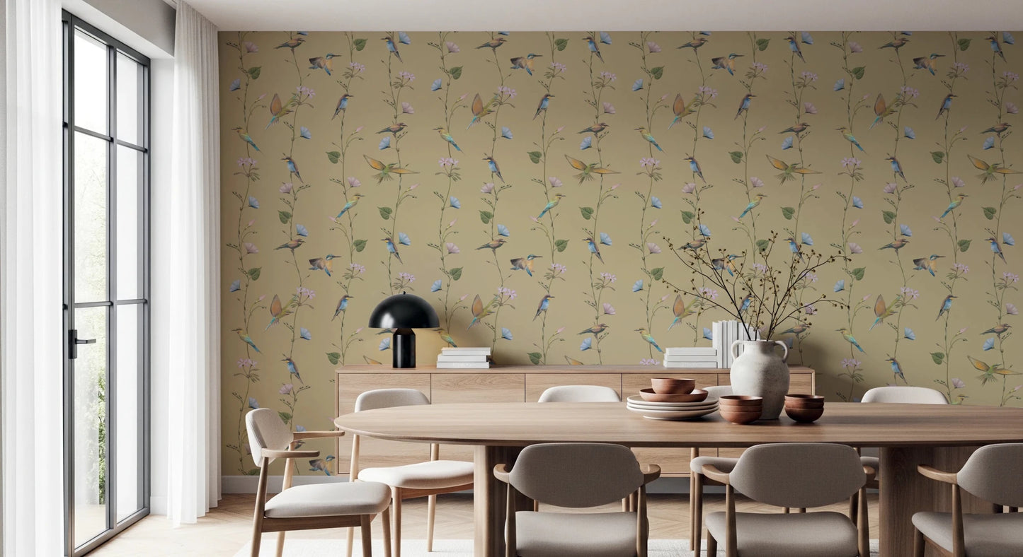 Minimal dining space paired with Pastel Songbirds on Beige Wallpaper