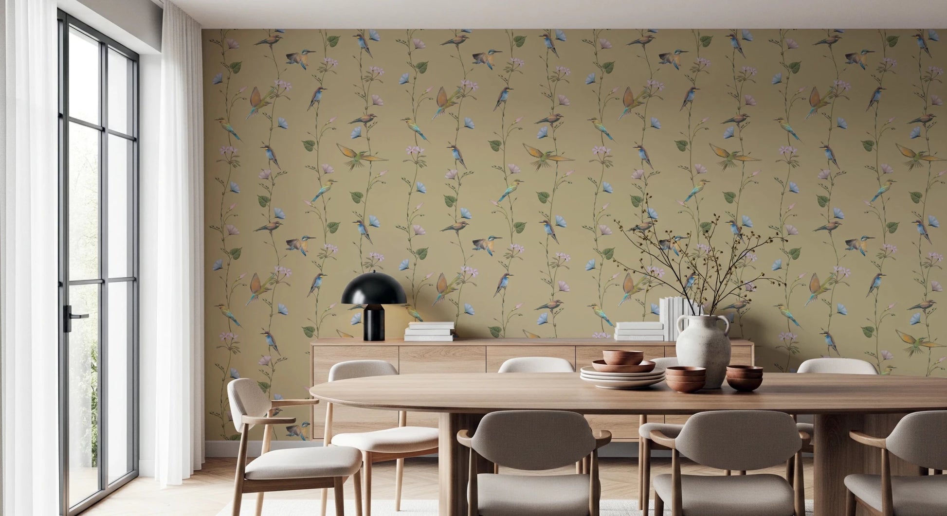 Minimal dining space paired with Pastel Songbirds on Beige Wallpaper