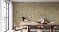 Minimal dining space paired with Pastel Songbirds on Beige Wallpaper