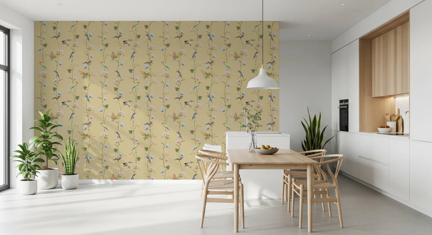 Soft Dining room lounge featuring Pastel Songbirds on Beige Wallpaper