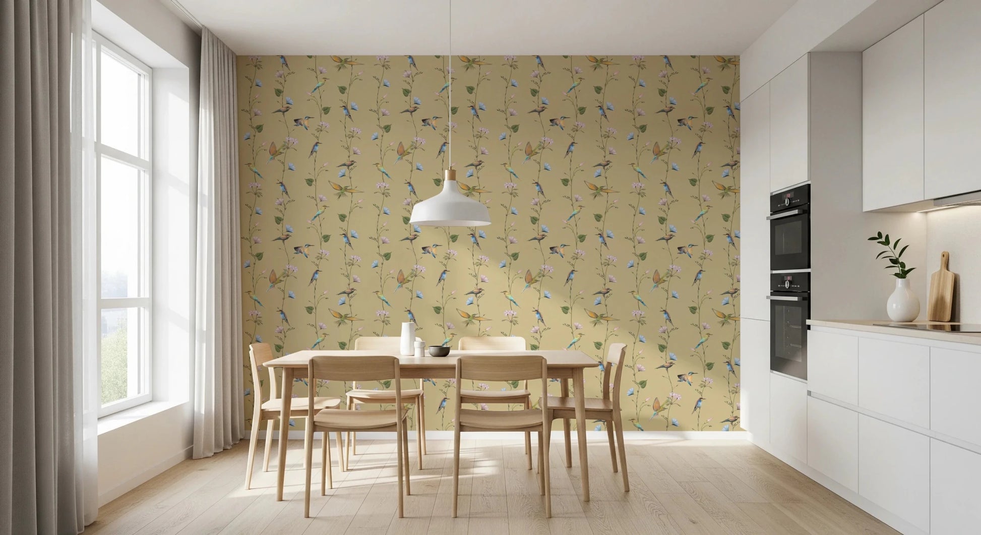 Elegant dining showcasing Pastel Songbirds on Beige Wallpaper