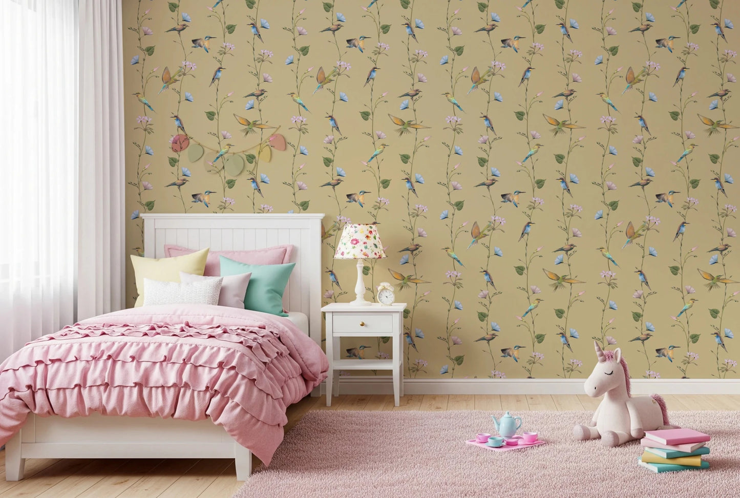 Sweet kids room styled in Pastel Songbirds on Beige Wallpaper
