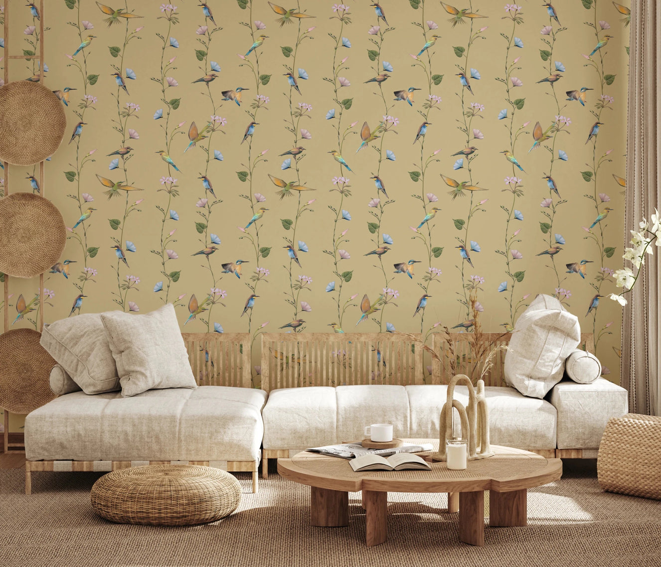 Sunlit family room with Pastel Songbirds on Beige Wallpaper backdrop