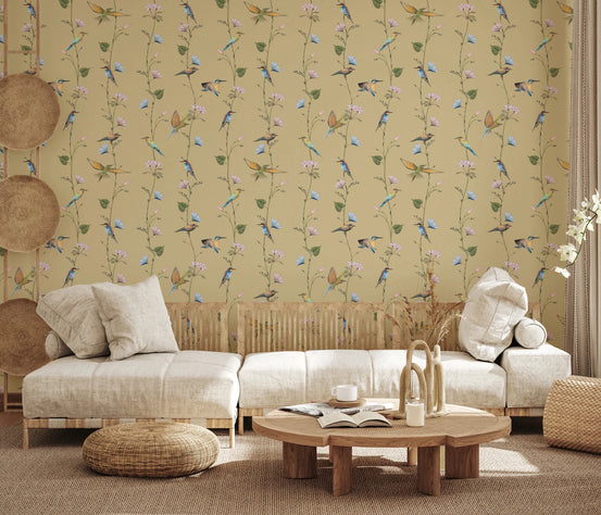 Sunlit family room with Pastel Songbirds on Beige Wallpaper backdrop, GD8659