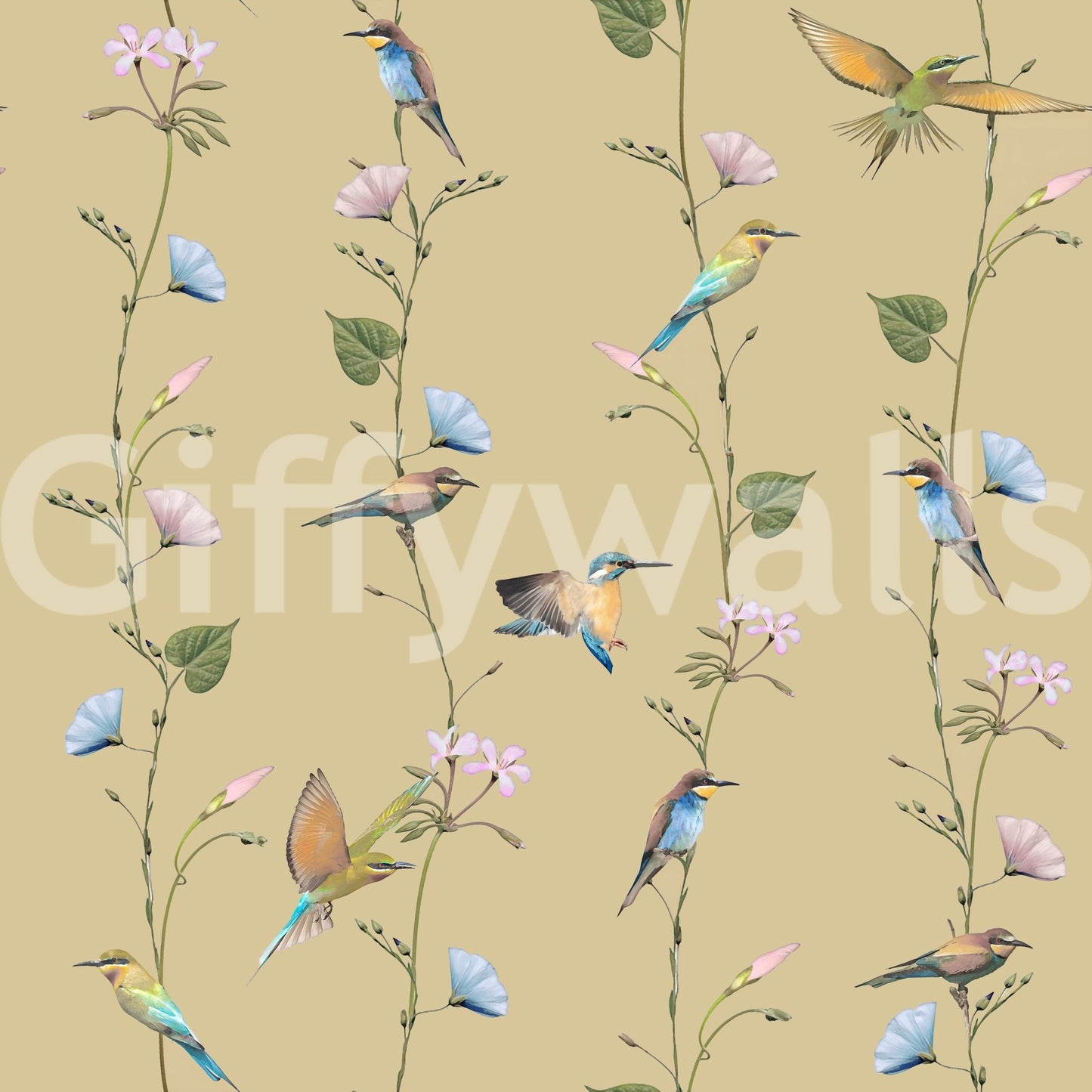 Pastel Songbirds on Beige wallpaper with delicate birds and floral stems on warm base
