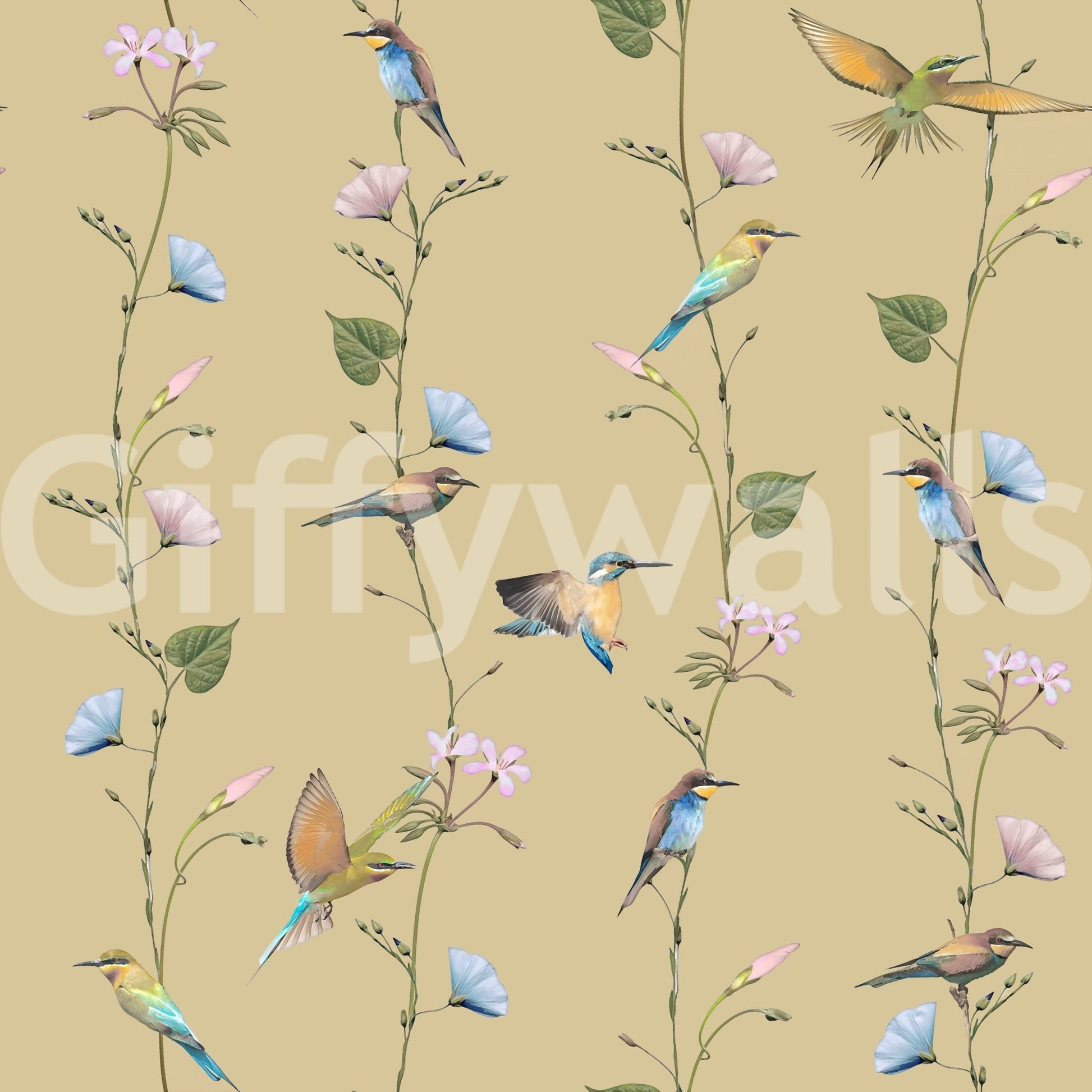 Pastel Songbirds on Beige wallpaper with delicate birds and floral stems on warm base
