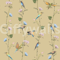 Pastel Songbirds on Beige wallpaper with delicate birds and floral stems on warm base
