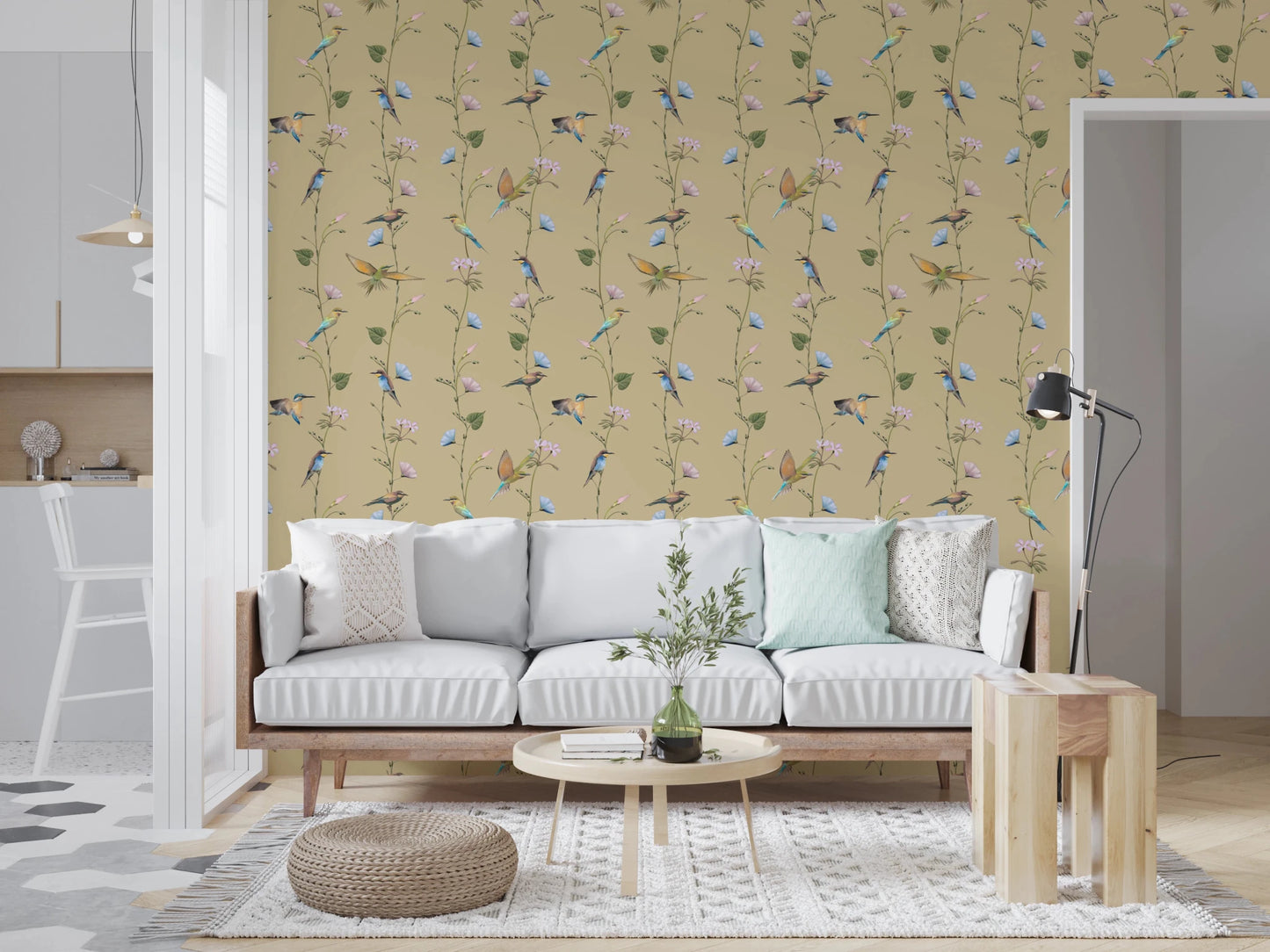 Cozy sitting room uplifted by Pastel Songbirds on Beige Wallpaper