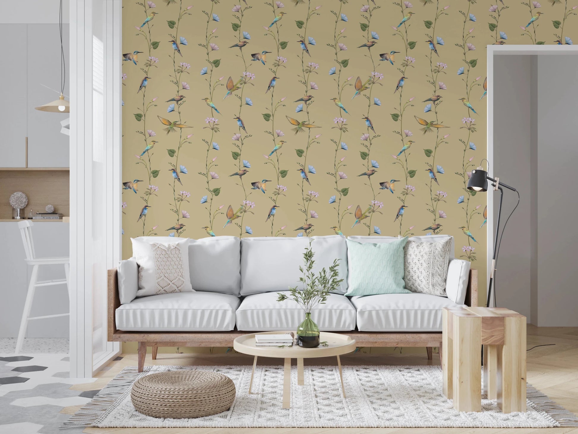 Cozy sitting room uplifted by Pastel Songbirds on Beige Wallpaper