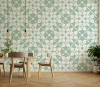 A detailed shot of the print showing the geometric shapes and muted colors.

