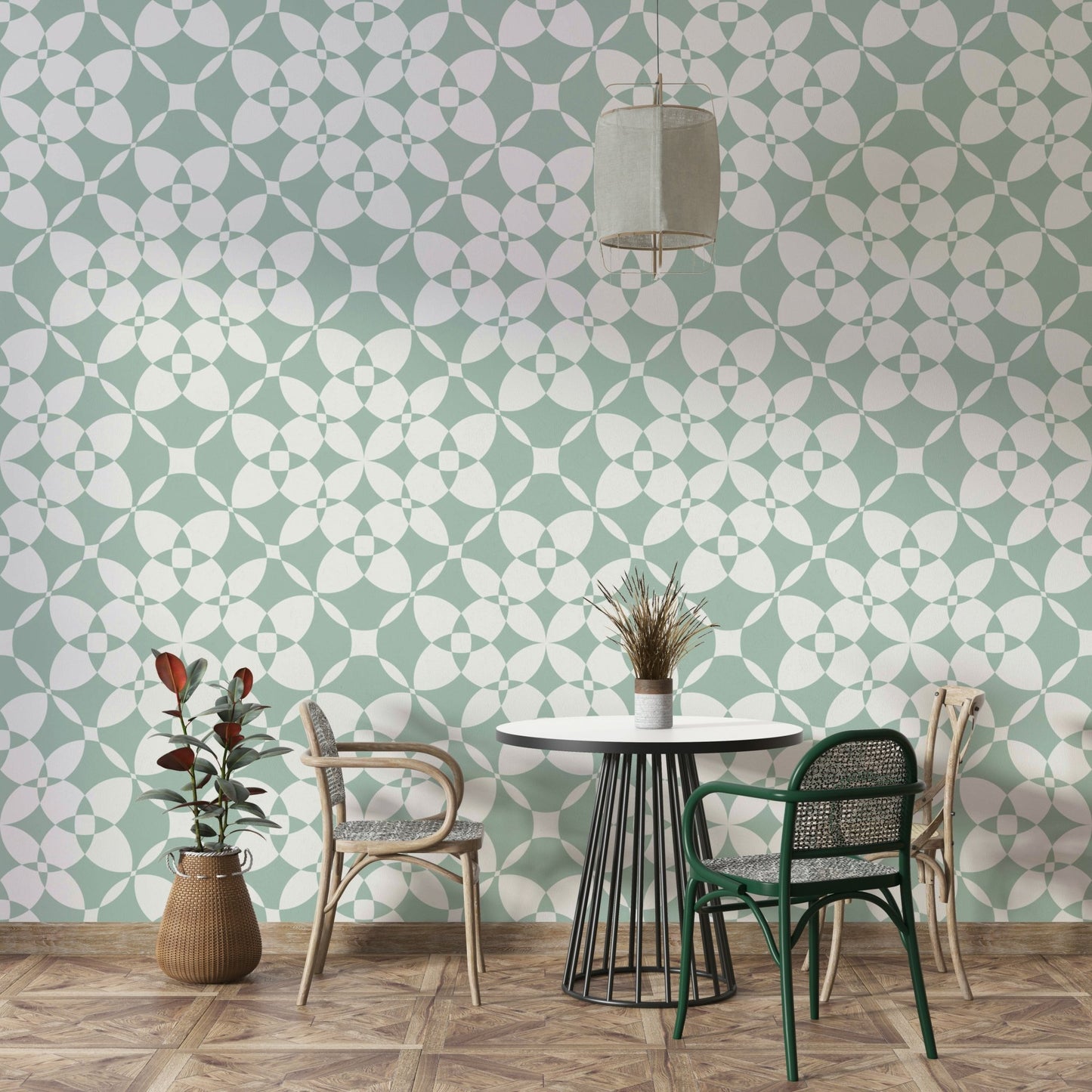 A close-up of a pastel-colored tile pattern on a wallpaper.

