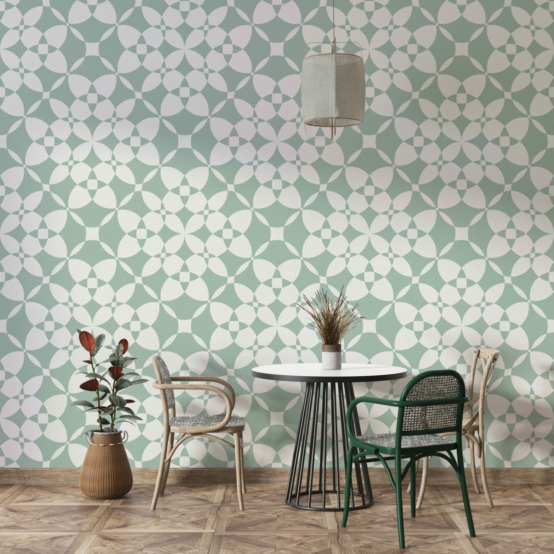 A close-up of a pastel-colored tile pattern on a wallpaper.

