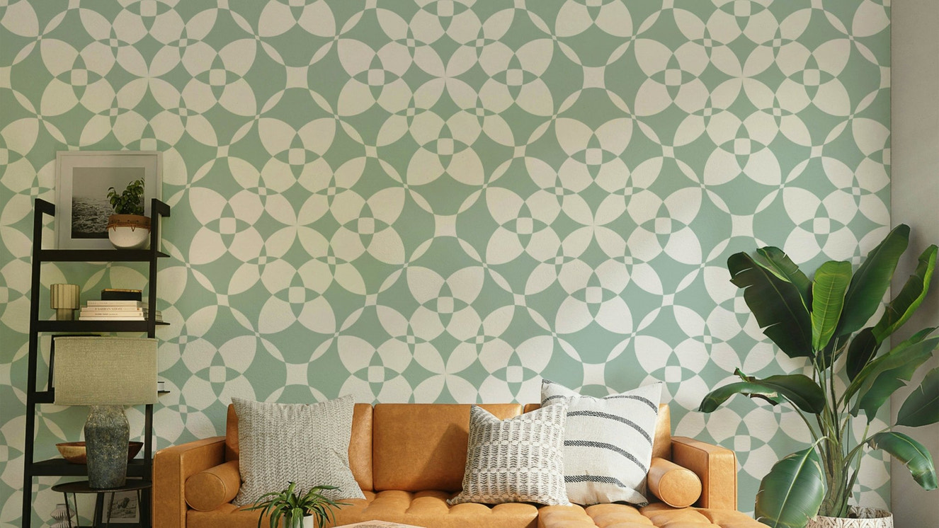 The wallpaper in a stylish bathroom with a soft, clean feel.

