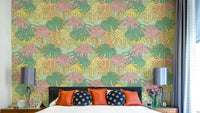 Palm Springs Retro Aqua Wallpaper with Monstera Leaves

