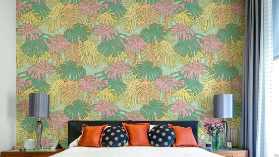 Palm Springs Retro Aqua Wallpaper with Monstera Leaves, GD1575