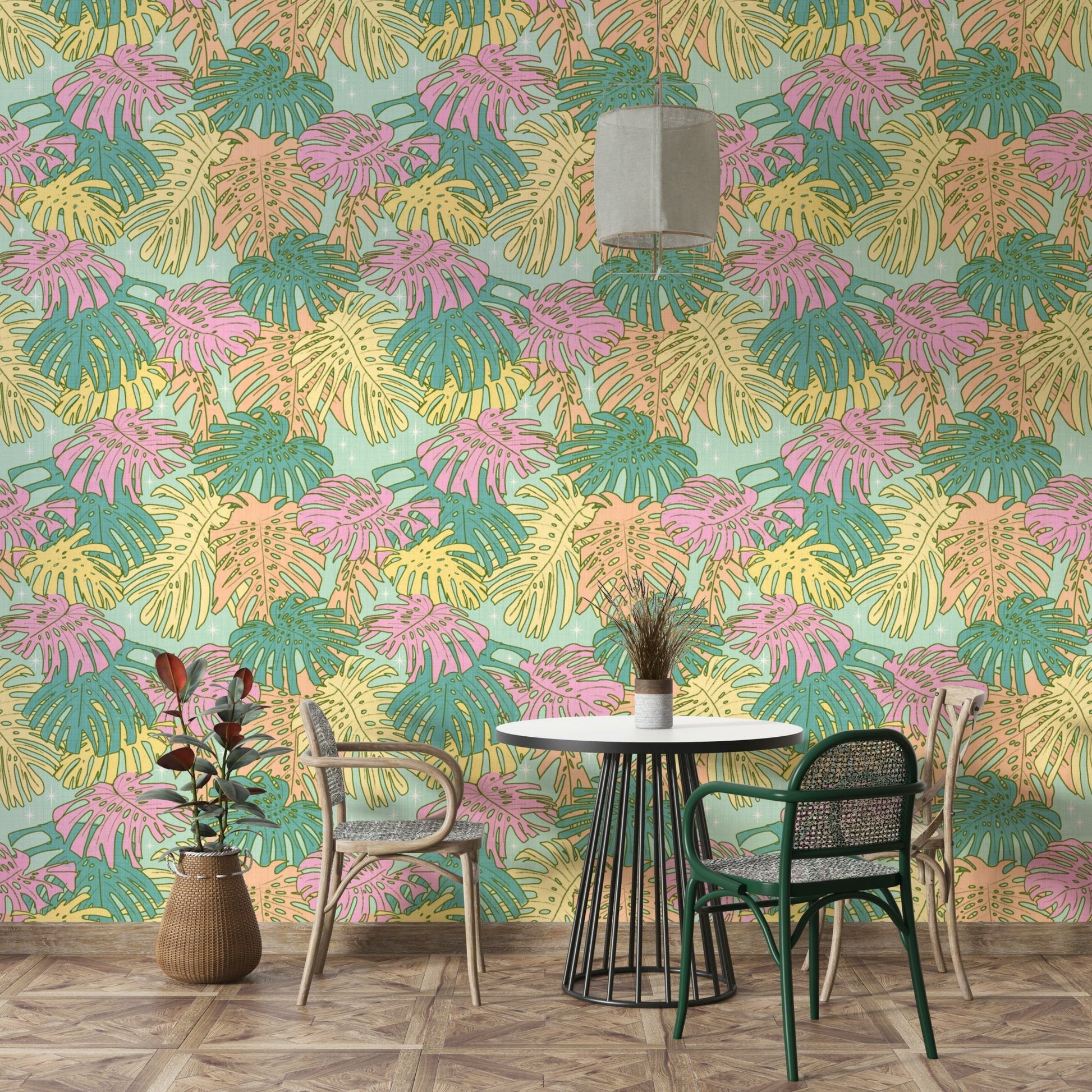 Aqua Palm Springs Style Monstera Wallpaper for Living Rooms

