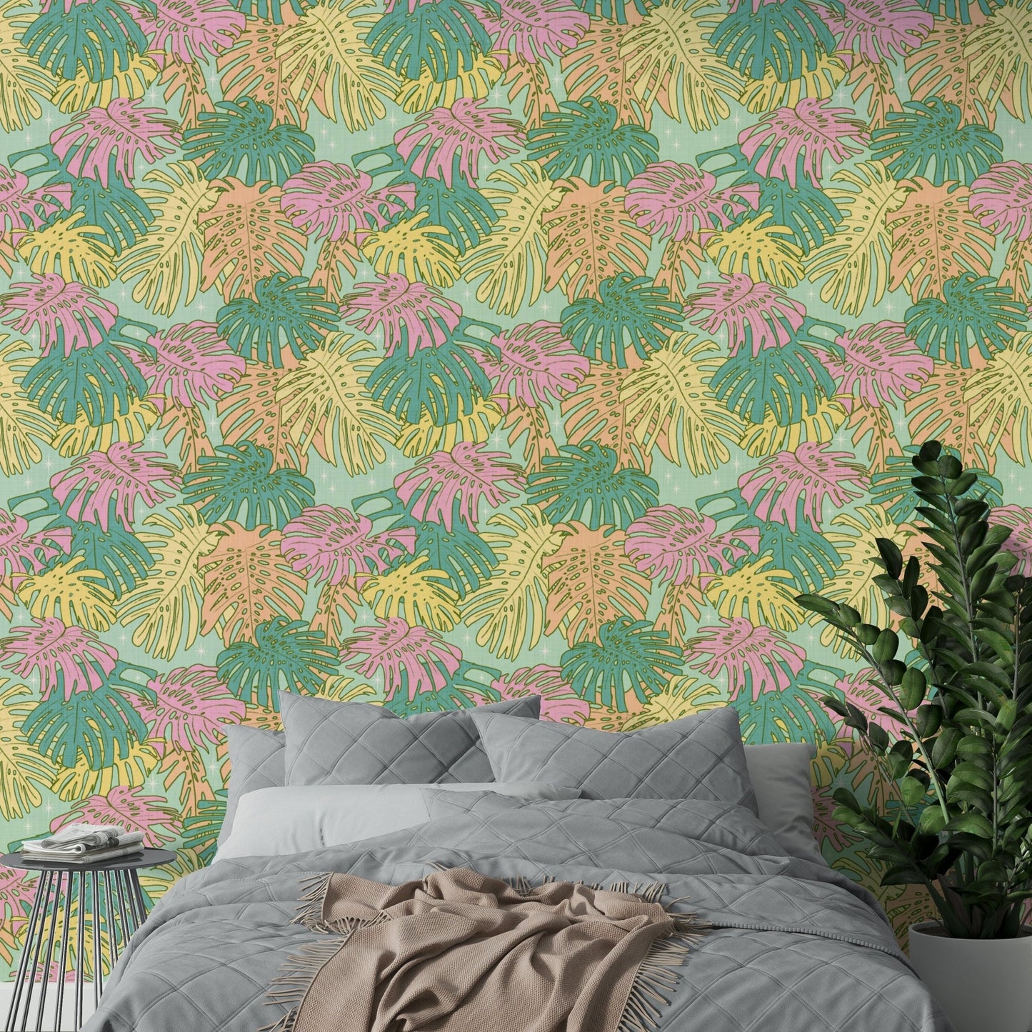 Tropical Monstera Wallpaper in Pastel Aqua Shades

