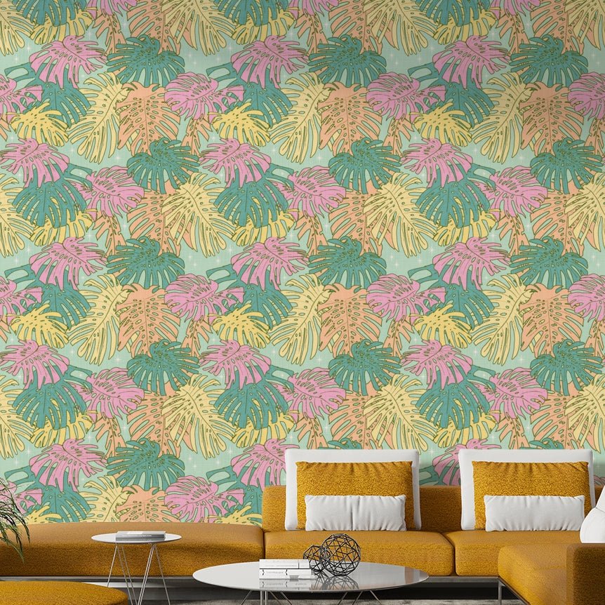 Fresh Aqua Monstera Wallpaper in Palm Springs Retro Design

