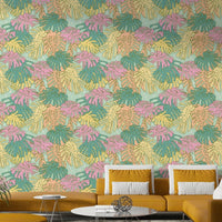Fresh Aqua Monstera Wallpaper in Palm Springs Retro Design

