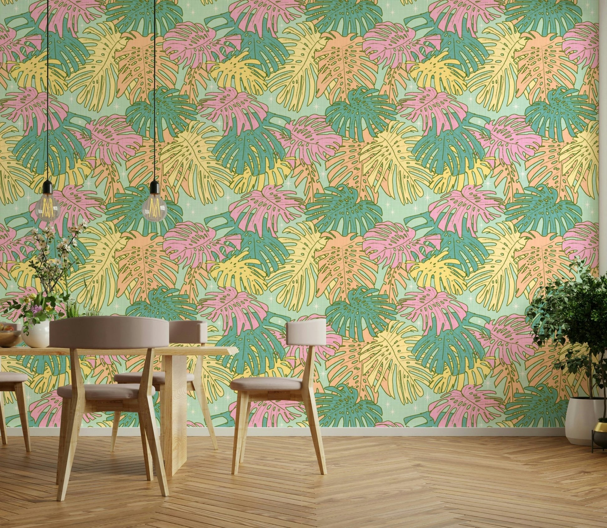 Pastel Aqua Monstera Wallpaper for Bedroom Walls


