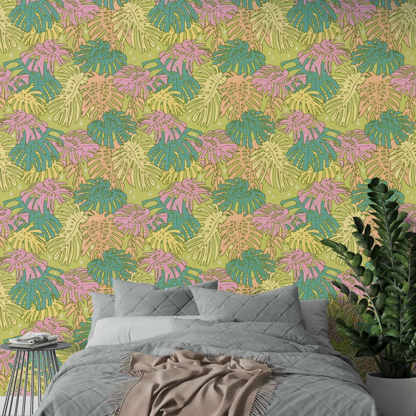 Retro Palm Springs wallpaper with pastel monstera design

