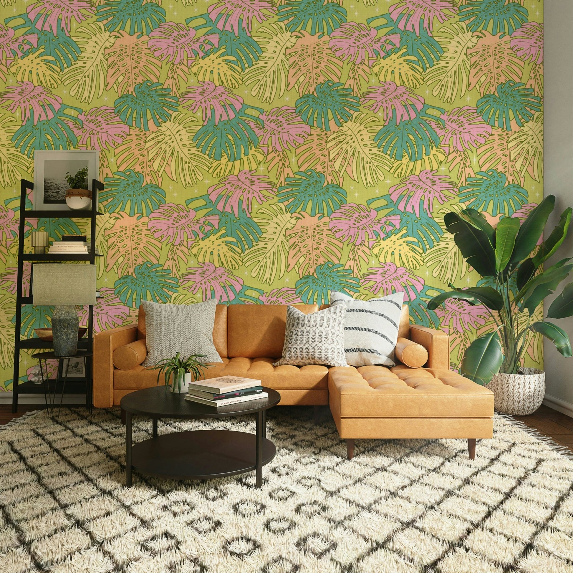 Palm Springs retro avocado wallpaper with monstera pattern

