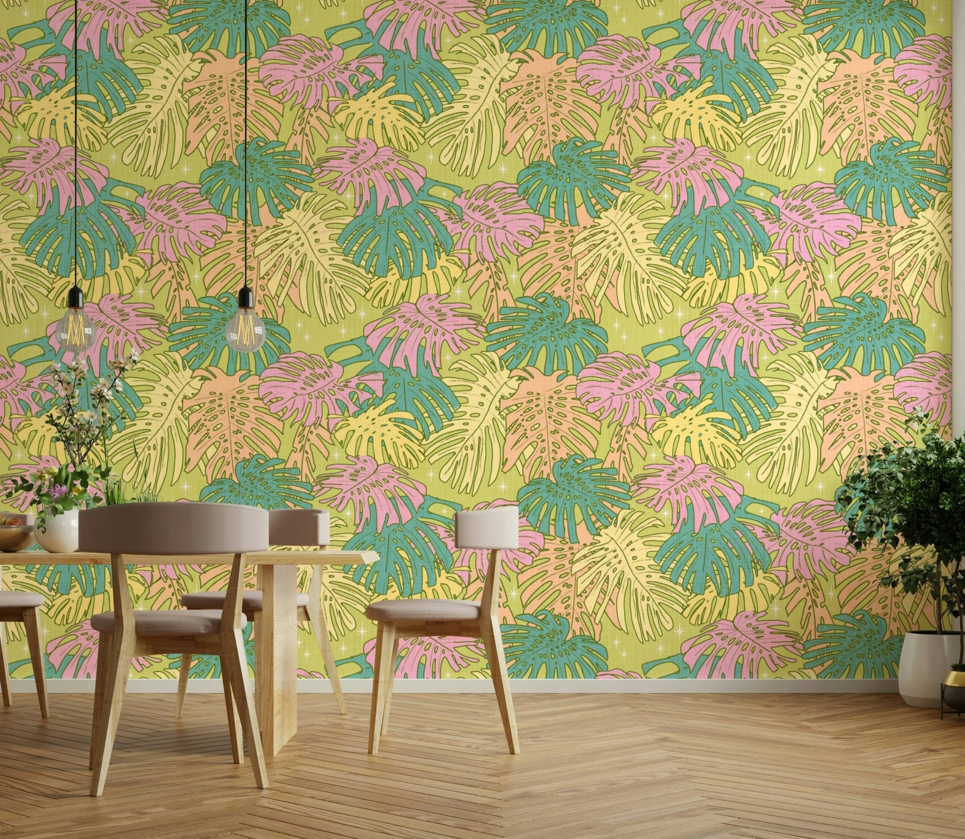 Avocado green wallpaper featuring pastel monstera leaves

