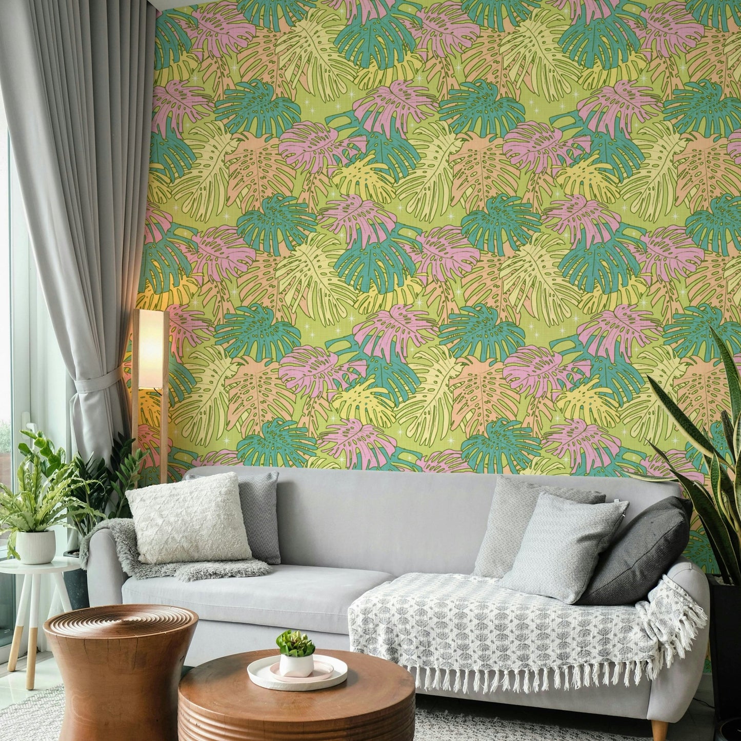 Pastel Tropical Monstera - Palm Springs Retro Avocado Wallpaper⁠