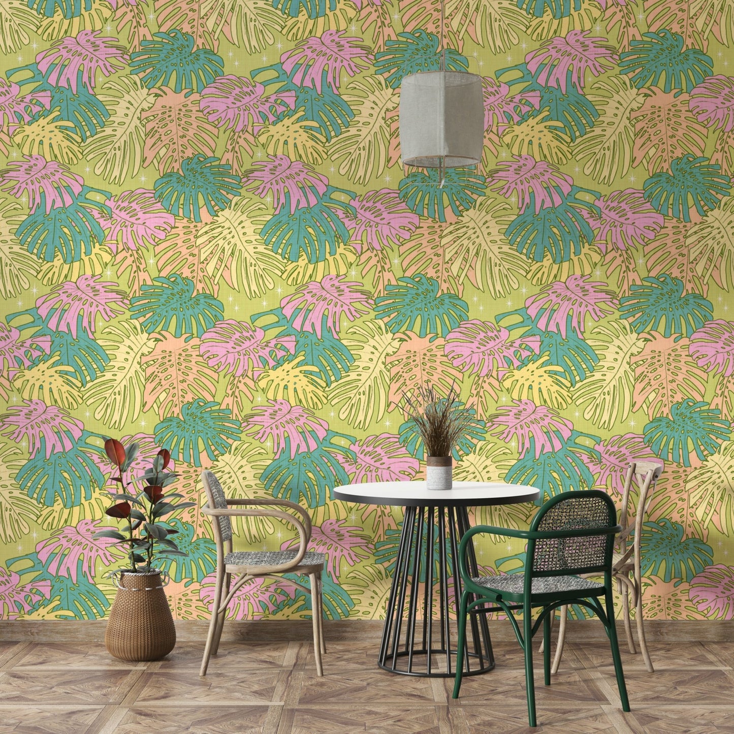 Trendy tropical monstera wallpaper with avocado background


