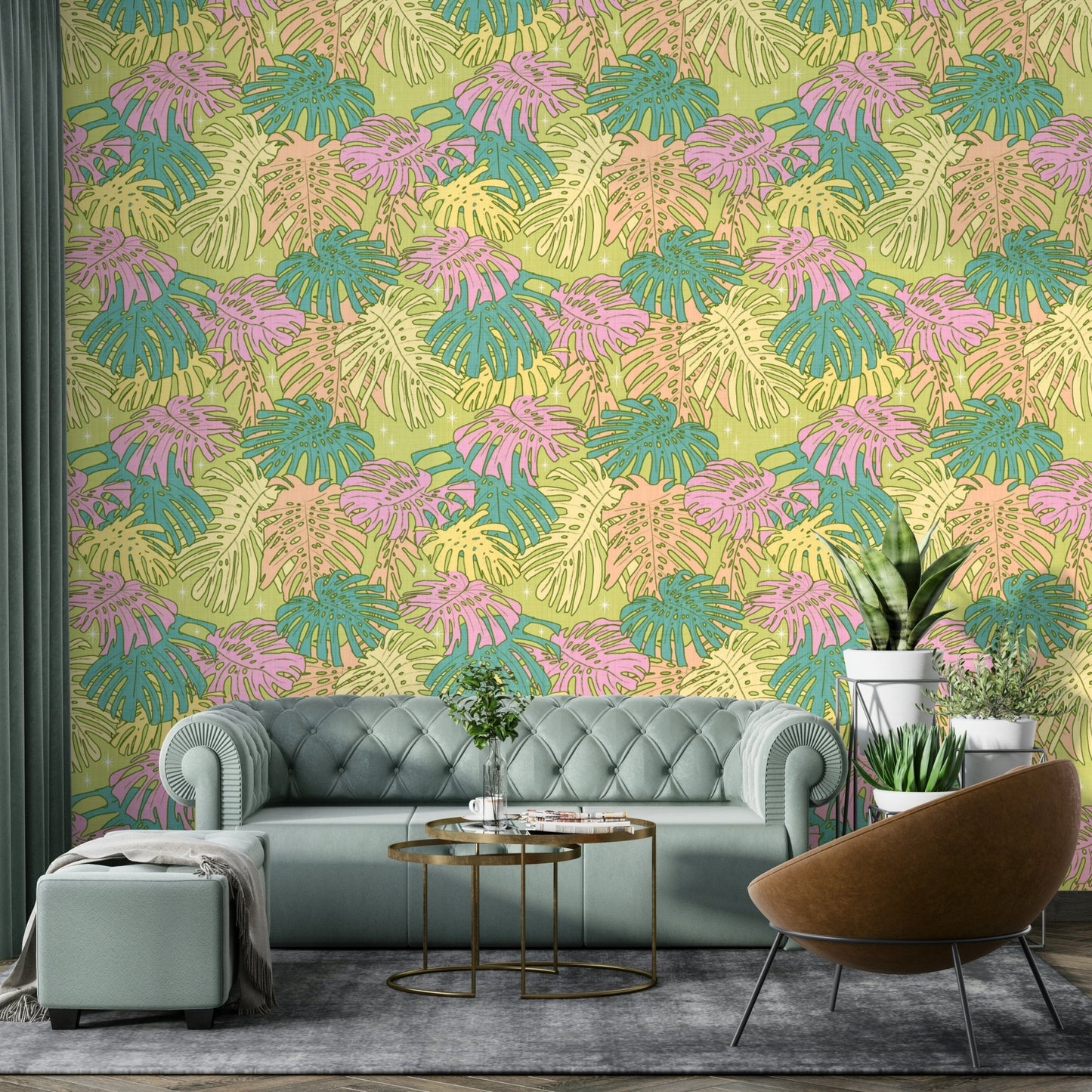 Pastel Tropical Monstera - Palm Springs Retro Avocado Wallpaper⁠