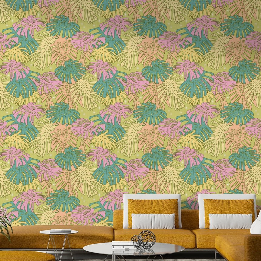 Pastel Tropical Monstera - Palm Springs Retro Avocado Wallpaper⁠