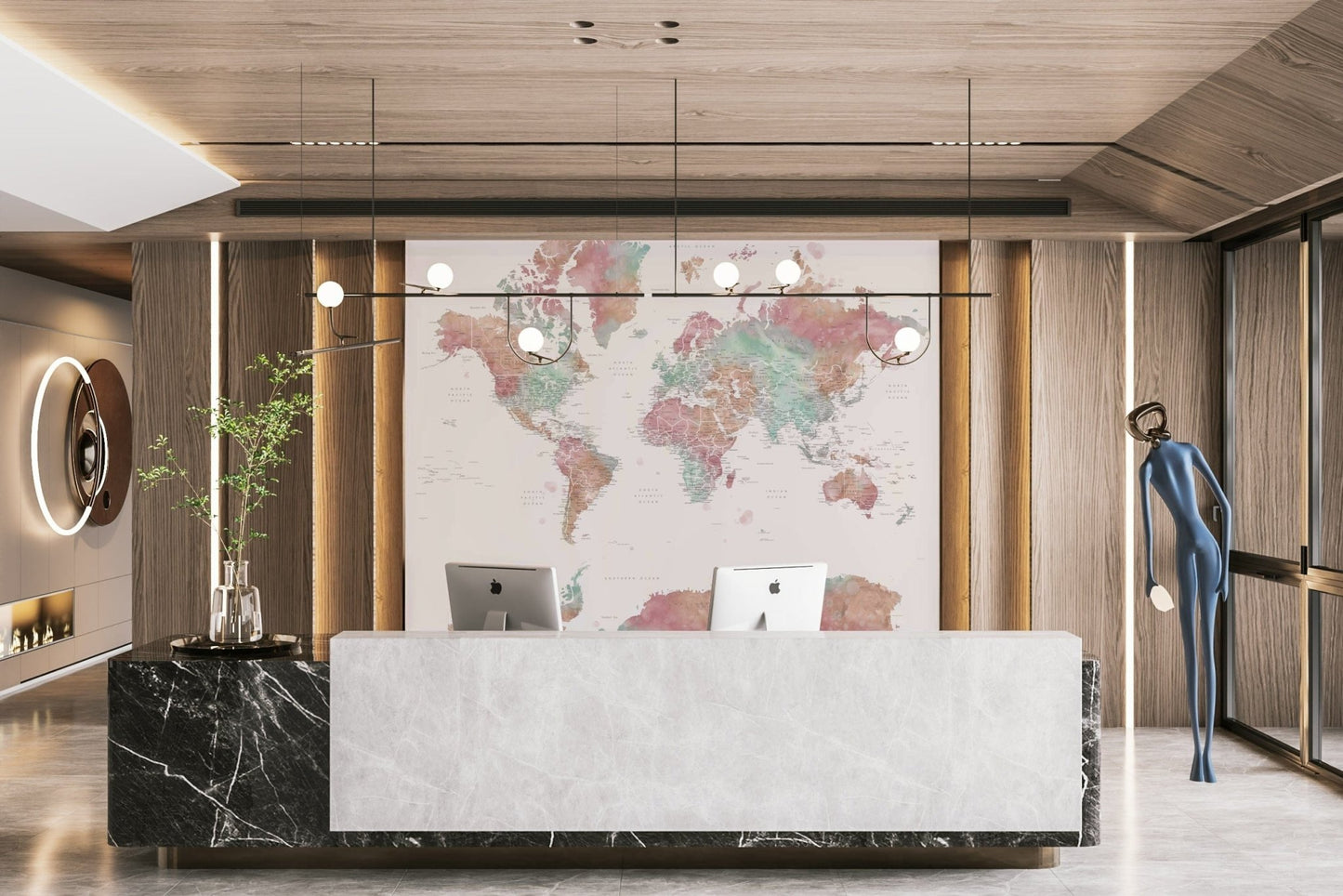 Soft pastel watercolor world map art

