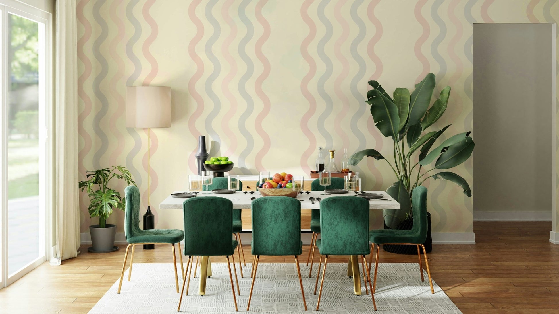 A peaceful wall mural with a soft, flowing pattern.

