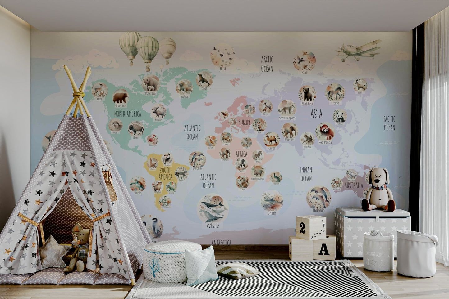 The wallpaper is used to create a feature wall in a children's room.

