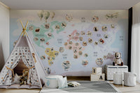 The wallpaper is used to create a feature wall in a children's room.

