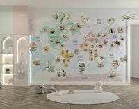 A living room featuring the animal map wall mural.

