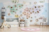 A minimalist home office with the pastel world map wallpaper.

