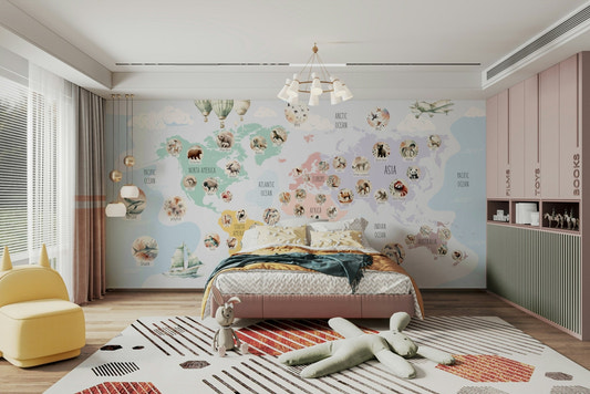 A beautiful, pastel world map with cartoon animals.

