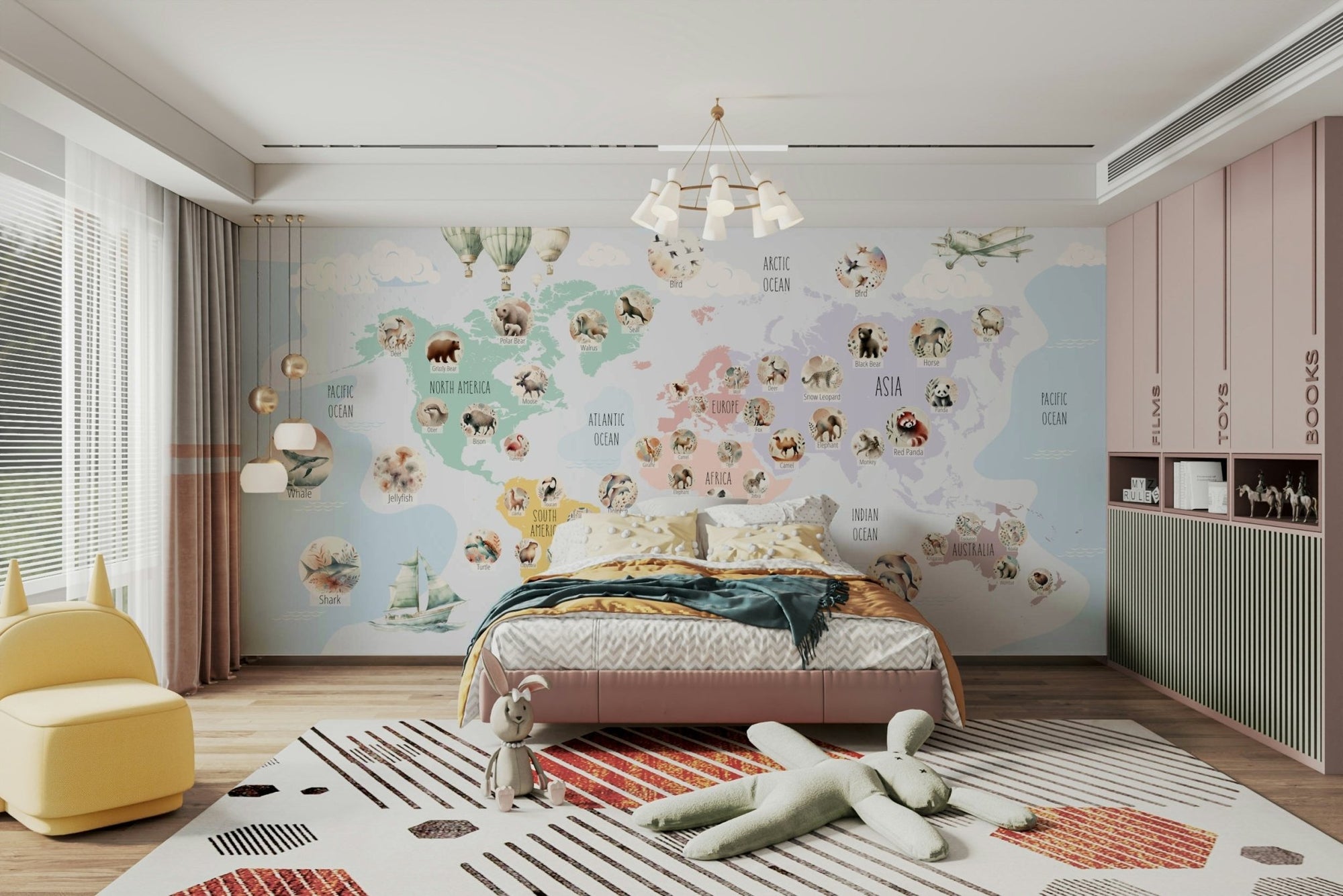 A beautiful, pastel world map with cartoon animals., GD4610