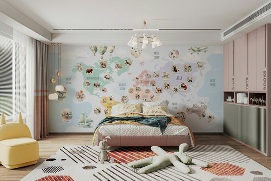 A beautiful, pastel world map with cartoon animals., GD4610